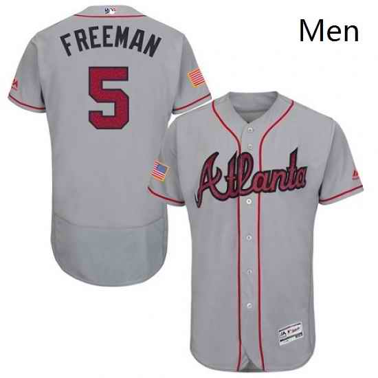 Mens Majestic Atlanta Braves 5 Freddie Freeman Grey Fashion Stars Stripes Flex Base MLB Jersey
